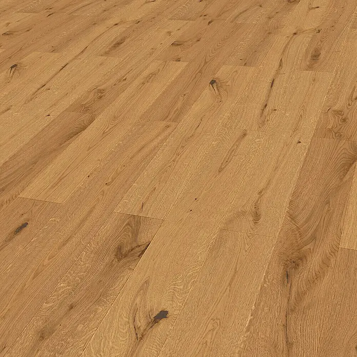 Barlinek Parkett - Eiche leichtbraun gebürstet, Landhausdiele, 1.092 x 180 x 14 mm - Goldbraune Eichenholz-Dielen mit natürlicher Maserung und dunklen Ästen, diagonal verlegt.