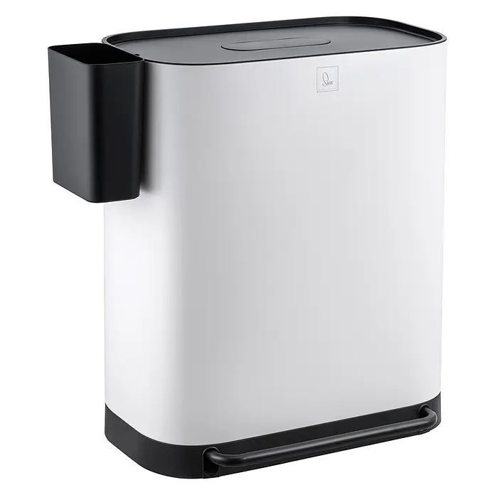 SVITA Treteimer MLT2X30 - 60 l, Metall, Weiß - Weißer und schwarzer rechteckiger Treteimer mit Seitenfach.
