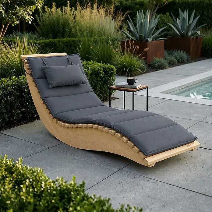Home Deluxe Gartenliege WOLGA B 60 cm - B x T: 60 x 188 cm, Natur, Holz - Hölzerne Wippliege mit dunkelgrauen Polstern und Kissen auf einer Terrasse am Pool.