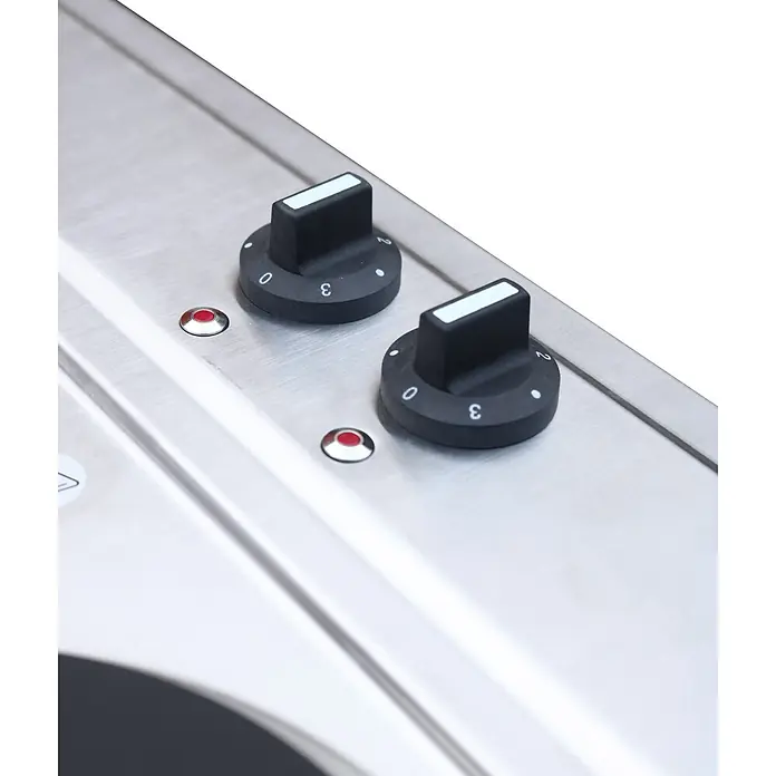 Flex-Well Miniküche - Breite: 100 cm, Weiß, Mit Elektrogeräten - Zwei schwarze Bedienknöpfe mit weißen Markierungen auf einer gebürsteten Edelstahlfläche, mit roten Kontrollleuchten. Sie zeigen die Einstellungen 0-3.