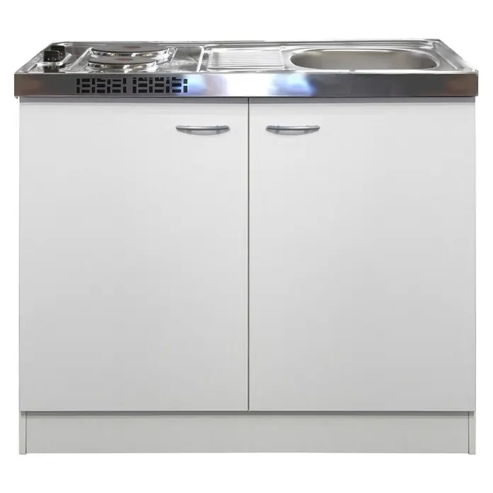 Flex-Well Miniküche - Breite: 100 cm, Weiß, Mit Elektrogeräten - Kompakte weiße Miniküche mit Edelstahlplatte, zwei Kochfeldern, Spüle und zwei Unterschränken.