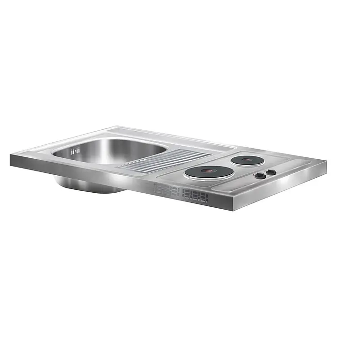 Flex-Well Miniküche - Breite: 100 cm, Weiß, Mit Elektrogeräten - Edelstahl-Küchenspüle mit integriertem Zweiflammen-Elektrokochfeld und Bedienknöpfen.