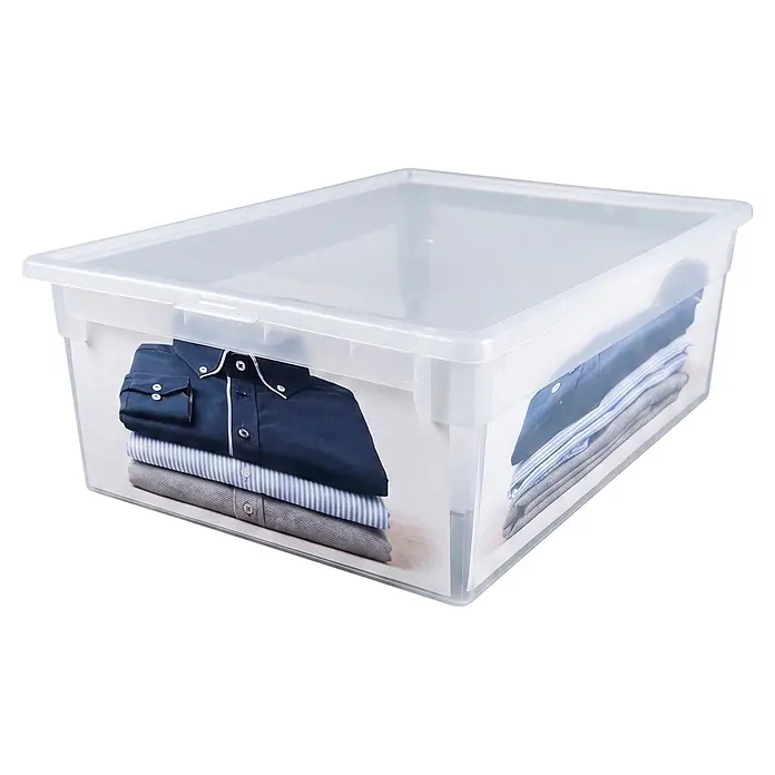 BAUHAUS Caja de almacenaje Light Box - L x An x Al: 39,6 x 27,8 x 13,2 cm, Plástico, Transparente, 12 l - Caja de almacenamiento de plástico transparente con tapa, que contiene camisas dobladas.