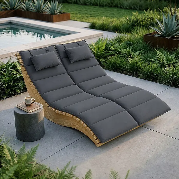Home Deluxe Gartenliege WOLGA B 120 cm - B x T: 120 x 188 cm, Natur, Holz - Doppelte Holzliege mit anthrazitfarbenen Polstern auf einer Außenterrasse.