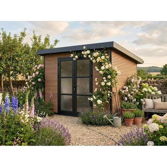 Fjordholz Gartenhaus FineLine 5,8 m² Teak - Außenmaß inkl. Dachüberstand (B x T): 322 x 236 cm, Aluminium, Teak / Nussbaum - Gartenhaus aus Holz mit dunkel gerahmten Türen, eingebettet in einen blühenden Gartenweg.