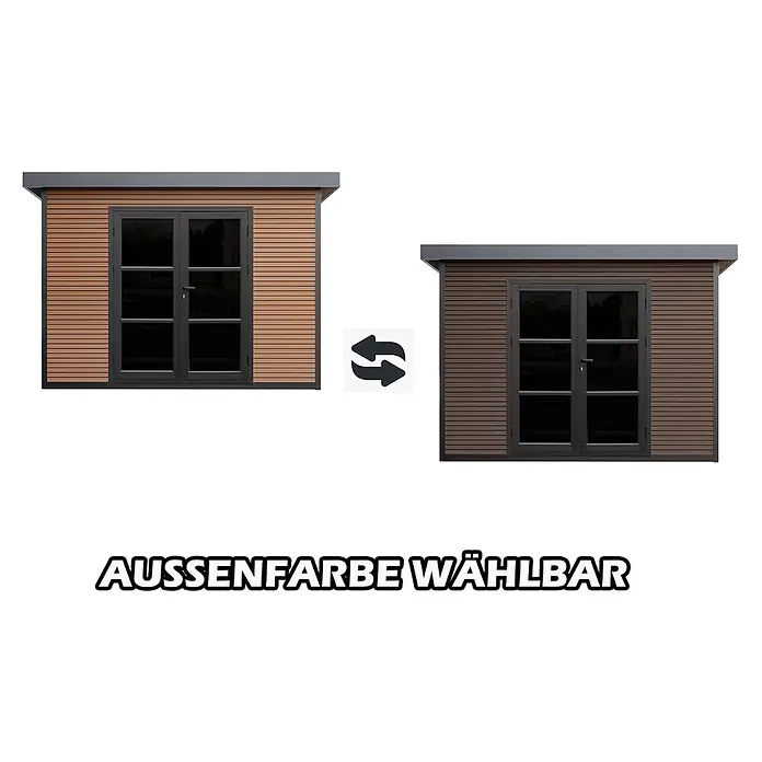 Fjordholz Gartenhaus FineLine 5,8 m² Teak - Außenmaß inkl. Dachüberstand (B x T): 322 x 236 cm, Aluminium, Teak / Nussbaum - Gartenhaus mit heller und dunkler Holzoptik-Verkleidung, schwarzer Doppeltür und Flachdach. Zeigt wählbare Außenfarben.