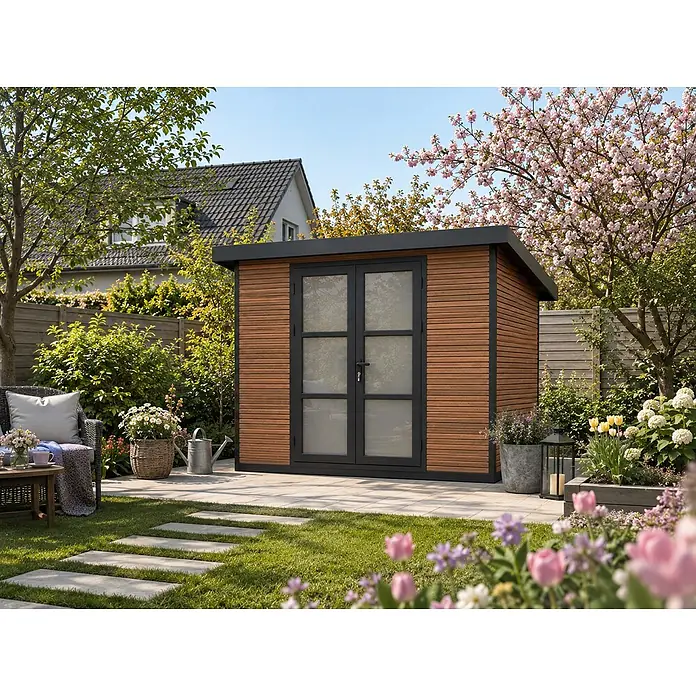 Fjordholz Gartenhaus FineLine 8,4 m² Teak - Außenmaß inkl. Dachüberstand (B x T): 322 x 325 cm, Aluminium, Teak / Nussbaum - Modernes Gartenhaus mit brauner Holzverkleidung und schwarzem Rahmen.