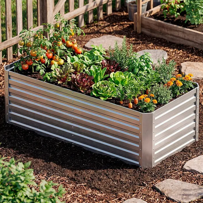 Hochbeet - 184 x 90 x 60 cm, Metall - Silbernes Wellblech-Hochbeet gefüllt mit verschiedenen lebhaften Pflanzen in einem sonnigen Garten.