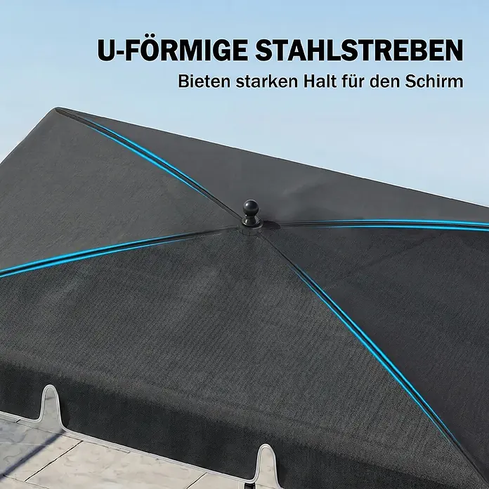Furnicato Balkonschirm pulverbeschichtet - Grau - Schwarzer Schirm mit U-förmigen Stahlstreben, blau hervorgehoben, die starken Halt bieten.