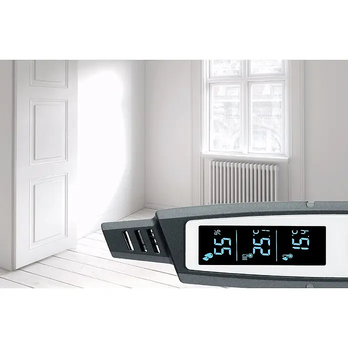 Laserliner Digitales Thermo-Hygrometer Climapilot Plus - Batteriebetrieben - Dunkelgraues digitales Hygrometer und Thermometer zeigt 55% Luftfeuchtigkeit, 25°C Innen- und 15°C Außentemperatur in einem hellen Raum.