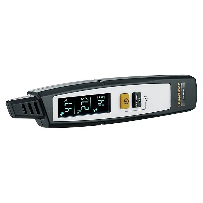 Laserliner Digitales Thermo-Hygrometer Climapilot Plus - Batteriebetrieben - Ein schwarz-weißes digitales Klimamessgerät von Laserliner, das Luftfeuchtigkeit, Temperatur und Taupunkt auf einem blauen Display anzeigt.