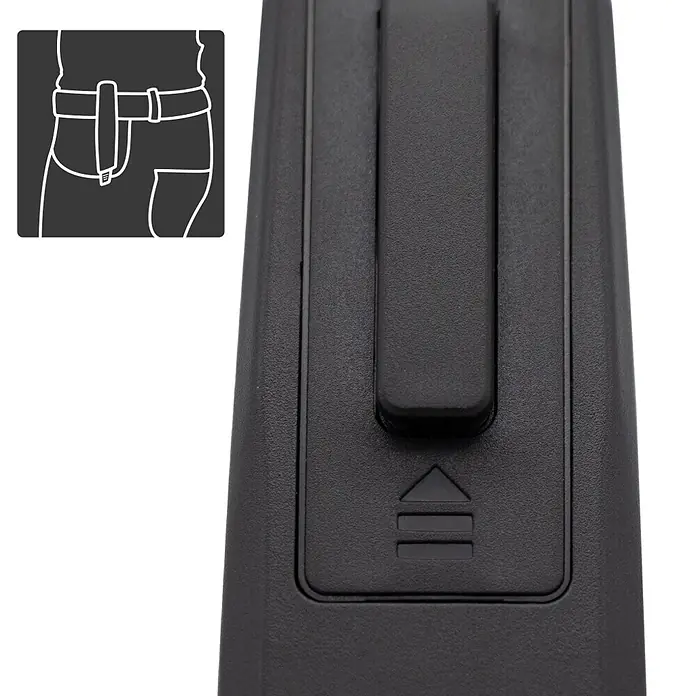 Laserliner Digitales Thermo-Hygrometer Climapilot Plus - Batteriebetrieben - Schwarzes Kunststoffgerät mit integriertem Gürtelclip und Pfeilsymbol zur Befestigung. Für Taillengürtel konzipiert.