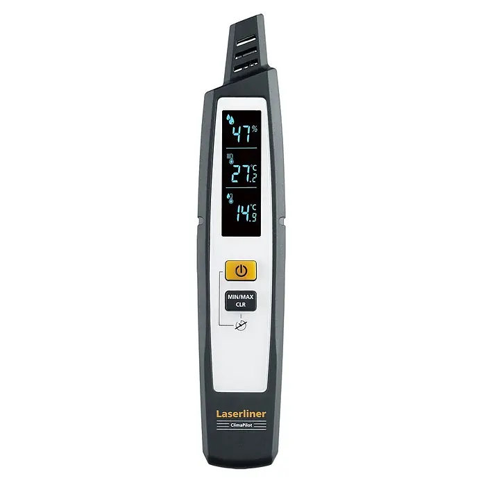 Laserliner Digitales Thermo-Hygrometer Climapilot Plus - Batteriebetrieben - Laserliner ClimaPilot Handklimamessgerät in Dunkelgrau und Weiß, mit blauem Digitaldisplay für Feuchtigkeit und Temperatur, plus Bedientasten.