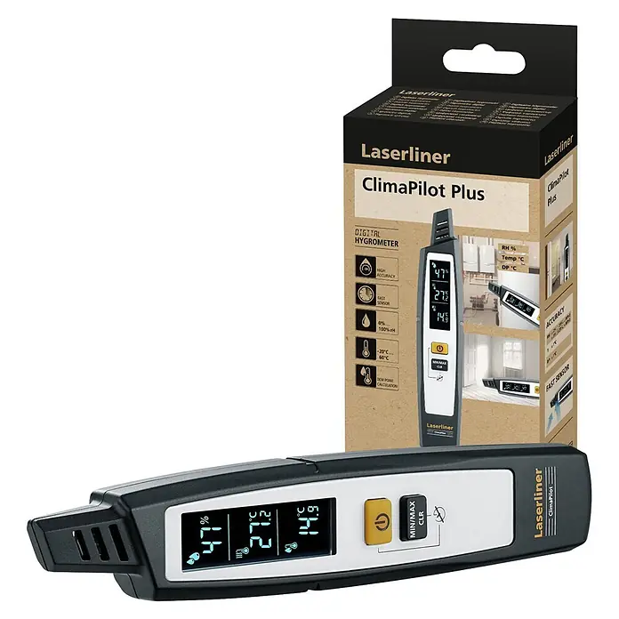 Laserliner Digitales Thermo-Hygrometer Climapilot Plus - Batteriebetrieben - Schwarz-weißes Laserliner ClimaPilot Plus Digital-Hygrometer zeigt 47% Luftfeuchtigkeit und 27.2°C, daneben die beige-schwarze Verpackung.