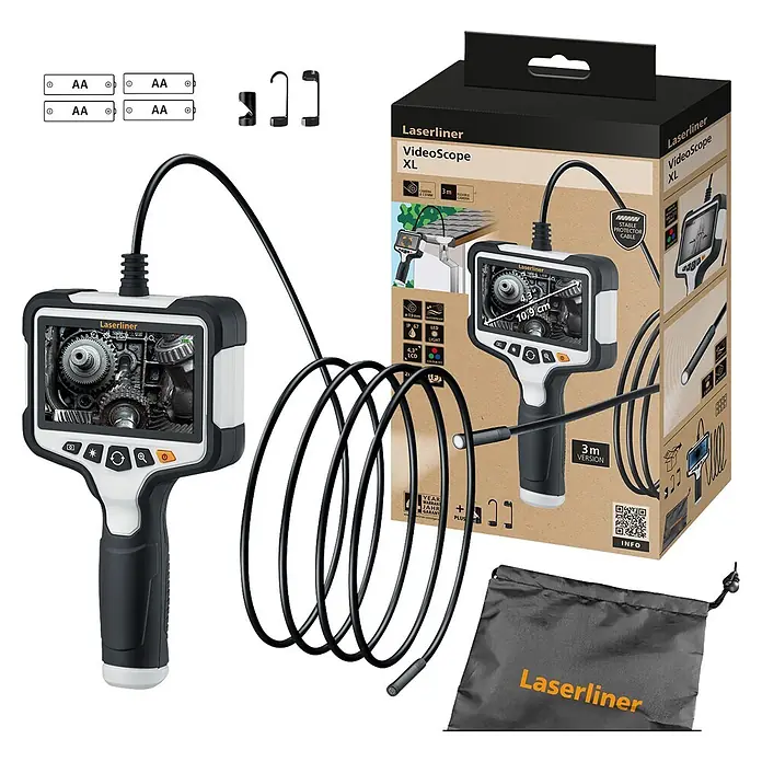 Laserliner Endoskopkamera XL - Länge Schwanenhals: 3 m - Schwarz-weiße Laserliner Videoscope XL Inspektionskamera mit flexiblem Kabel, Bildschirm und Zubehör.