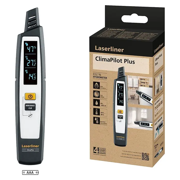 Laserliner Digitales Thermo-Hygrometer Climapilot Plus - Batteriebetrieben - Schwarz-graues digitales Hygrometer mit weißem Display, das Feuchtigkeit, Temperatur und Taupunkt anzeigt, neben der Verkaufsverpackung.