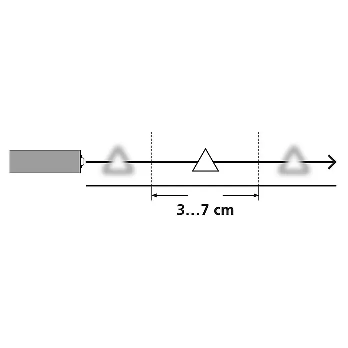 Laserliner Endoskopkamera XL - Länge Schwanenhals: 3 m - Rechteckiger grauer Sensor sendet Strahl aus, zeigt Objekterkennung im Bereich von 3-7 cm mit dreieckigen Markierungen.