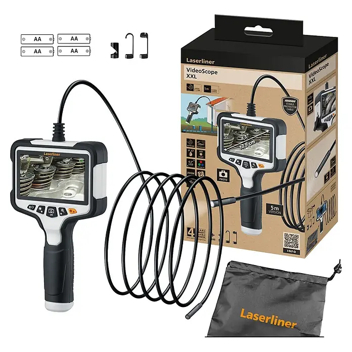 Laserliner Endoskopkamera XXL - Länge Schwanenhals: 5 m - Laserliner Videoskop XXL Set: Schwarz-weißes Handvideoskop mit Bildschirm, flexibler Kamera, Zubehör und Verpackung.