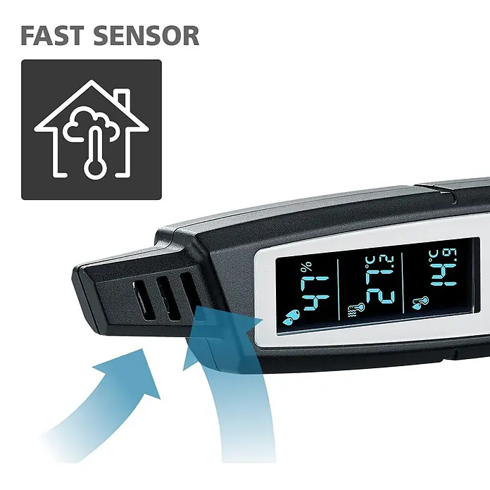 Laserliner Digitales Thermo-Hygrometer Climapilot Plus - Batteriebetrieben - Schwarz-weißes digitales Umweltsensorgerät mit Lüftungsschlitzen, zeigt Luftfeuchtigkeit und Temperatur für schnelle Innenmessung an.