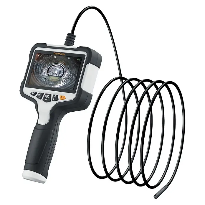 Laserliner Endoskopkamera XXL - Länge Schwanenhals: 5 m - Handheld-Inspektionskamera mit Bildschirm, der ein Rohrbild zeigt, und einem schwarzen flexiblen Kabel mit Sonde.