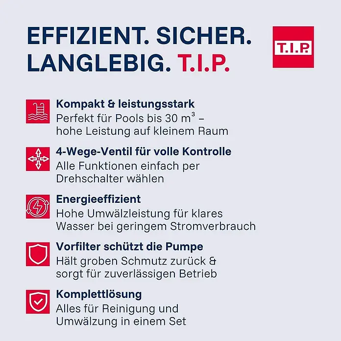 T.I.P. Sandfilteranlage SPF 370 F - Passend für Poolgröße: 4.000 l, Filterleistung: 7.000 l/h - T.I.P. Produktgrafik: effizient, sicher, langlebig. Beschreibt kompaktes Design, 4-Wege-Ventil, Energieeffizienz und Vorfilter.