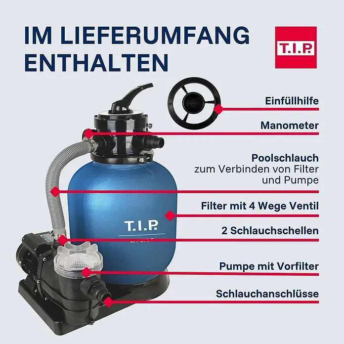 T.I.P. Sandfilteranlage SPF 370 F - Passend für Poolgröße: 4.000 l, Filterleistung: 7.000 l/h - Blaues Pool-Sandfiltersystem mit schwarzer Pumpe, flexiblem Schlauch und Zubehör wie Manometer und Schlauchschellen.