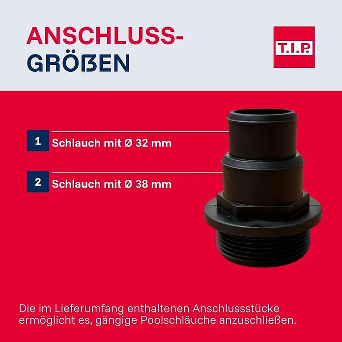 T.I.P. Sandfilteranlage SPF 370 F - Passend für Poolgröße: 4.000 l, Filterleistung: 7.000 l/h - Schwarzer Kunststoff-Anschlussstutzen für Poolschläuche mit 32 mm und 38 mm Durchmesser.