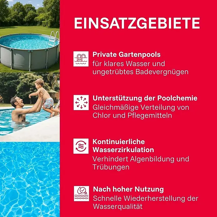 T.I.P. Sandfilteranlage SPF 370 F - Passend für Poolgröße: 4.000 l, Filterleistung: 7.000 l/h - Anwendungsbereiche für Poolpflege, dargestellt mit klaren Pools, schwimmenden Personen und beschreibendem Text.