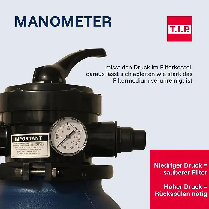 T.I.P. Sandfilteranlage SPF 370 F - Passend für Poolgröße: 4.000 l, Filterleistung: 7.000 l/h - Schwarzes Manometer (Druckanzeige) an blauem Filterkessel zur Überwachung der Filterreinheit.