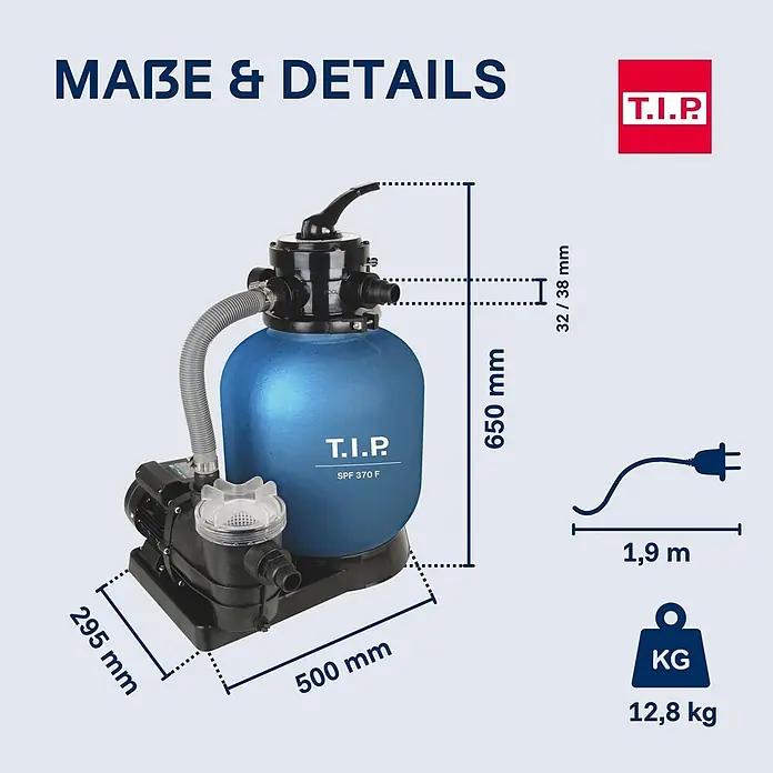 T.I.P. Sandfilteranlage SPF 370 F - Passend für Poolgröße: 4.000 l, Filterleistung: 7.000 l/h - Blauer Poolsandfilter mit schwarzem Motor und transparentem Vorfilterdeckel, Maße sind angezeigt.