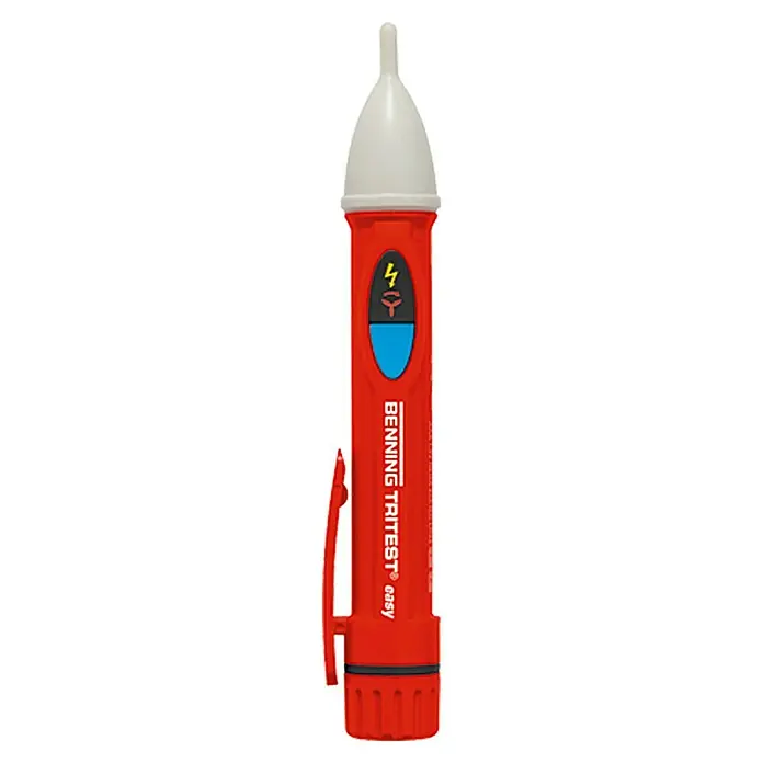 Benning Phasen- & Drehfeldprüfer Tritest Easy - Polanzahl: 1 Stk., 200 V - 1.000 V - Das Bild zeigt einen roten, berührungslosen Spannungsprüfer "BENNING TRITEST easy" mit weißer Spitze, der für elektrische Tests verwendet wird.