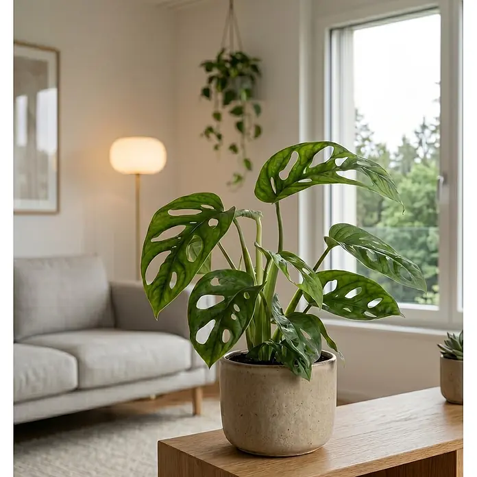 Piardino Fensterblatt - Monstera adansonii, Topfgröße: 11 cm - Monstera Adansonii Pflanze in beigem Topf auf Holztisch in hellem Wohnzimmer.