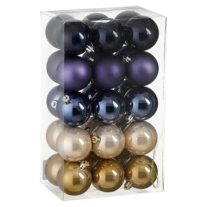 Christbaumkugel-Set - Blau, Violett und Creme, Kunststoff, 30 Stk., 6 cm - Klare Kunststoffbox mit matten und glänzenden Weihnachtskugeln in Dunkelblau, Violett, Grau und Gold.