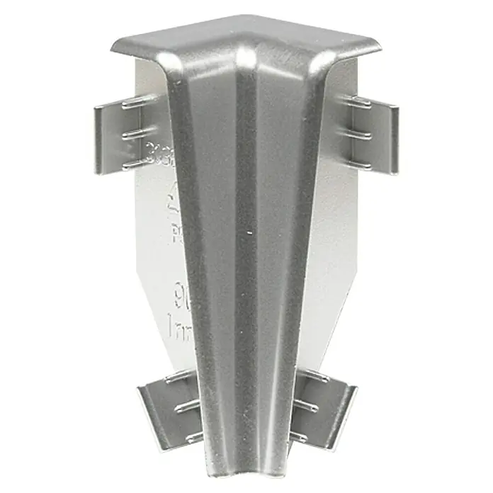 LOGOCLIC Innenecke K50 - Silber, 2 Stk., Passend für: LOGOCLIC Sockelleisten K50 - Detailaufnahme einer silberfarbenen Eckenschutzvorrichtung aus Metall mit Befestigungslaschen.