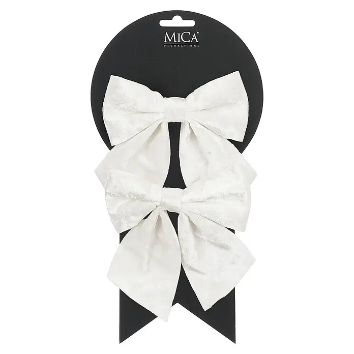 Mica Decorations Lazo decorativo - Blanco, 2 ud., 12 x 13 cm - Dos lazos de terciopelo blancos en una tarjeta de presentación negra.