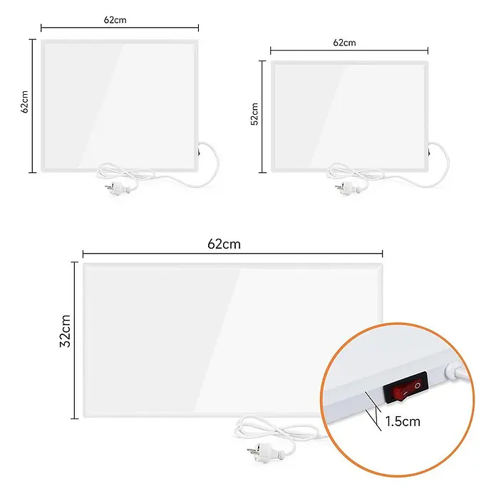 Nettlife Infrarotheizkörper - B x H: 62 x 2 cm - Drei weiße, rechteckige elektrische Heizpaneele in verschiedenen Größen mit Netzkabel und Schalter, Dicke 1,5 cm.