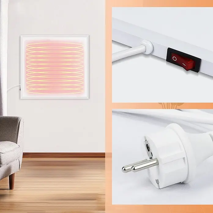 Nettlife Infrarotheizkörper - B x H: 62 x 2 cm - Weißes wandmontiertes Infrarotheizpaneel mit glühenden Elementen, gezeigt mit Netzschalter und Stecker.