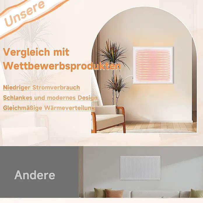 Nettlife Infrarotheizkörper - B x H: 62 x 2 cm - Ein schlanker, weißer Wandheizkörper, der in einem modernen Wohnzimmer Wärme abgibt, im Vergleich zu einem traditionellen Heizkörper.