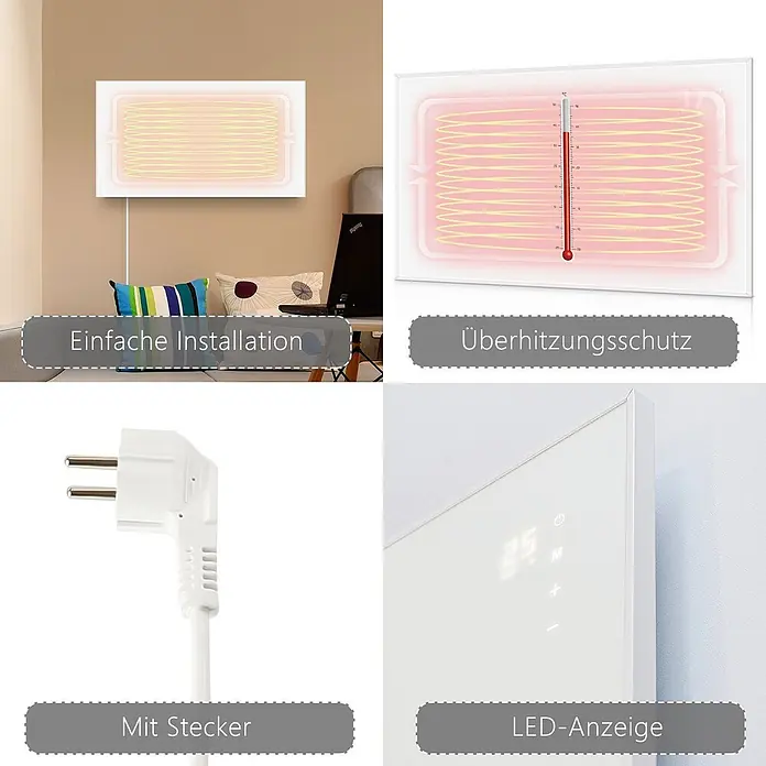 Nettlife Infrarotheizkörper - B x H: 98 x 8 cm - Weißes Wandheizpaneel mit einfacher Installation, Überhitzungsschutz, LED-Anzeige und Netzstecker.