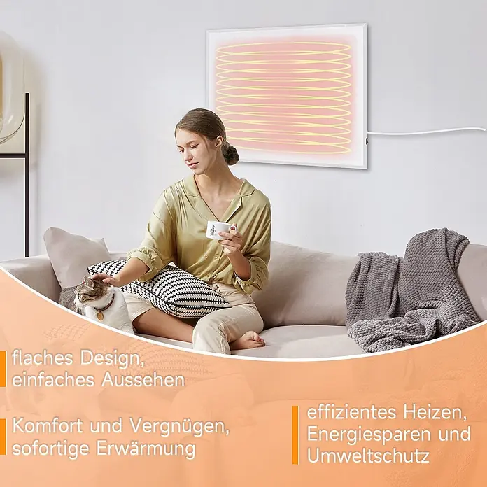 Nettlife Infrarotheizkörper - B x H: 62 x 2 cm - Weißer, flacher Wandheizkörper strahlt Wärme in einem gemütlichen Wohnzimmer aus. Eine Frau und eine Katze entspannen auf dem Sofa.
