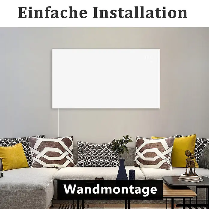 Nettlife Infrarotheizkörper - B x H: 98 x 8 cm - Weißer, rechteckiger Wandheizkörper über einem Sofa, der 37°C anzeigt.