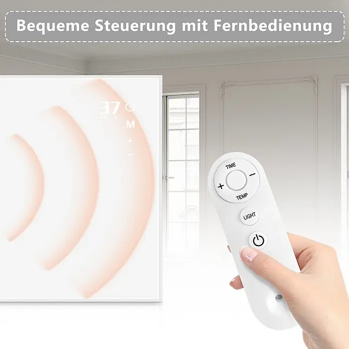 Nettlife Infrarotheizkörper - B x H: 98 x 8 cm - Weißes Heizpaneel mit Display ('37°C'), gesteuert von einer Hand, die seine weiße Fernbedienung hält.