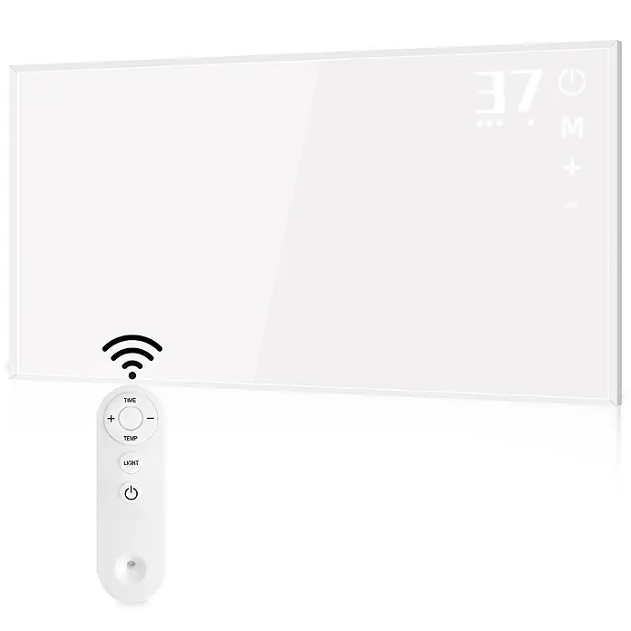 Nettlife Infrarotheizkörper - B x H: 98 x 8 cm - Weißes, rechteckiges Smart-Heizpaneel mit Digitalanzeige '37' und passender weißer Fernbedienung für Zeit, Temperatur und Licht.