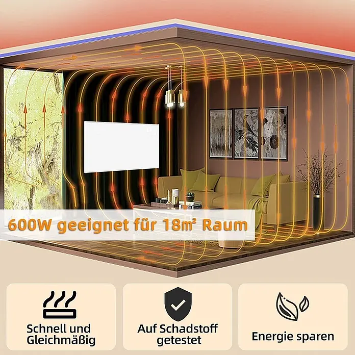 Nettlife Infrarotheizkörper -  - Weißes 600W Infrarotheizpaneel an der Wand, zeigt Wärmeabgabe für 18m² Raum in einem modernen Wohnzimmer.
