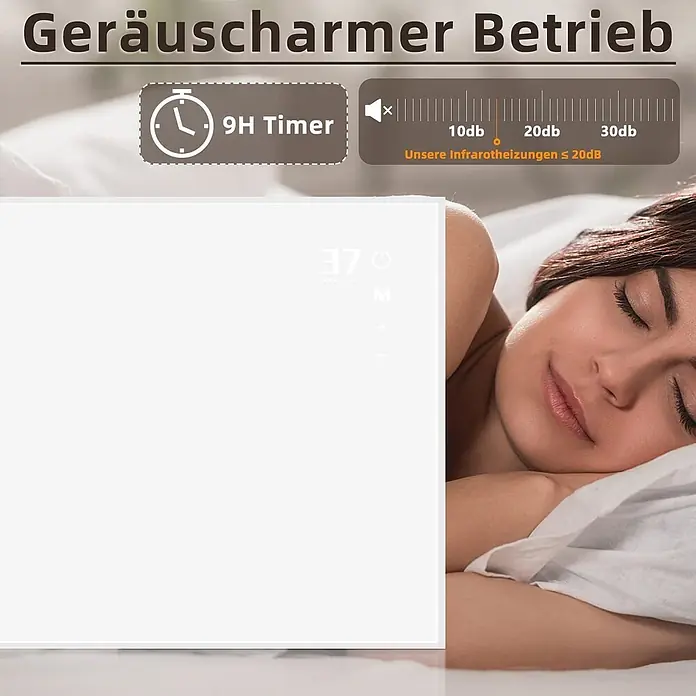 Nettlife Infrarotheizkörper -  - Weißer Infrarotstrahler mit 9H-Timer und Display, neben einer schlafenden Person platziert, betont leisen Betrieb.