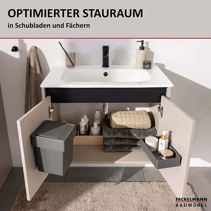 Fackelmann Aufbewahrungsbox - L x B x H: 129 x 222 x 50 mm, Kunststoff, Anthrazit - Badezimmermöbel mit offenen Schranktüren und optimiertem Stauraum: Abfalleimer, Holzorganizer, Handtücher und ein Auszugsregal mit Kosmetika.