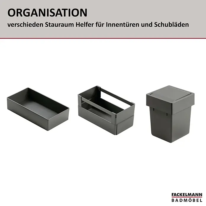 Fackelmann Aufbewahrungsbox - L x B x H: 129 x 222 x 50 mm, Kunststoff, Anthrazit - Drei dunkelgraue Kunststoff-Organisationselemente (Ablageschale, Box, Abfalleimer mit Schwingdeckel) für Schubladen und Innentüren.
