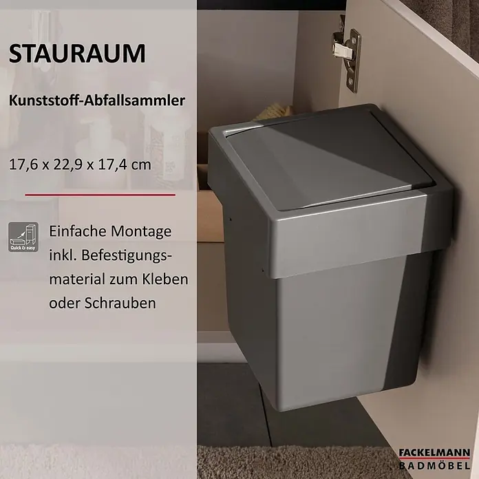 Fackelmann Standard-Mülleimer - Anthrazit, Kunststoff - Kompakter grauer Kunststoff-Abfallsammler, an einer Schranktür montiert.