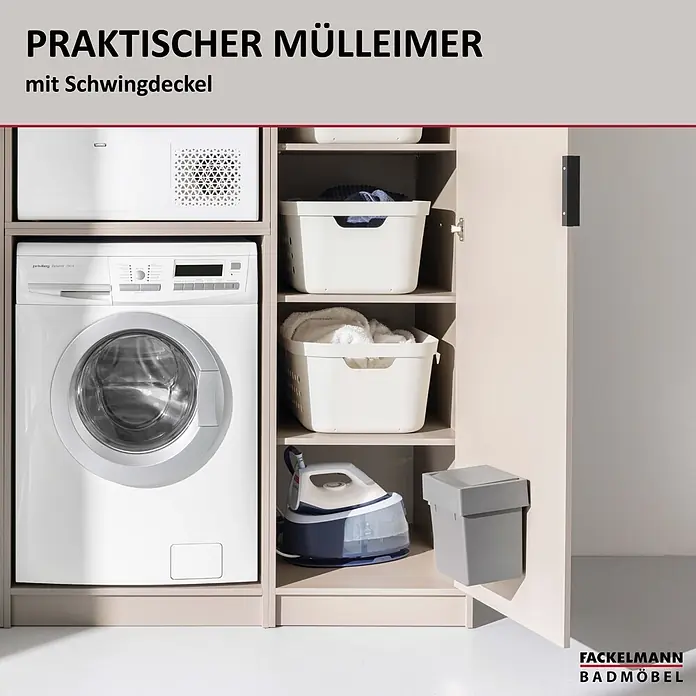 Fackelmann Standard-Mülleimer - Anthrazit, Kunststoff - Ein kleiner, grauer, wandmontierter Mülleimer mit Schwingdeckel, integriert in einen Wäscheschrank.