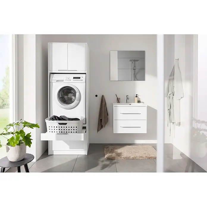 Fackelmann Waschturm Typ 1 - B x L: 65 x 65,1 cm, Weiß - Weißes Waschmaschinen-Schrank-System mit integrierter Waschmaschine und ausziehbarem Wäschekorb in modernem Bad.